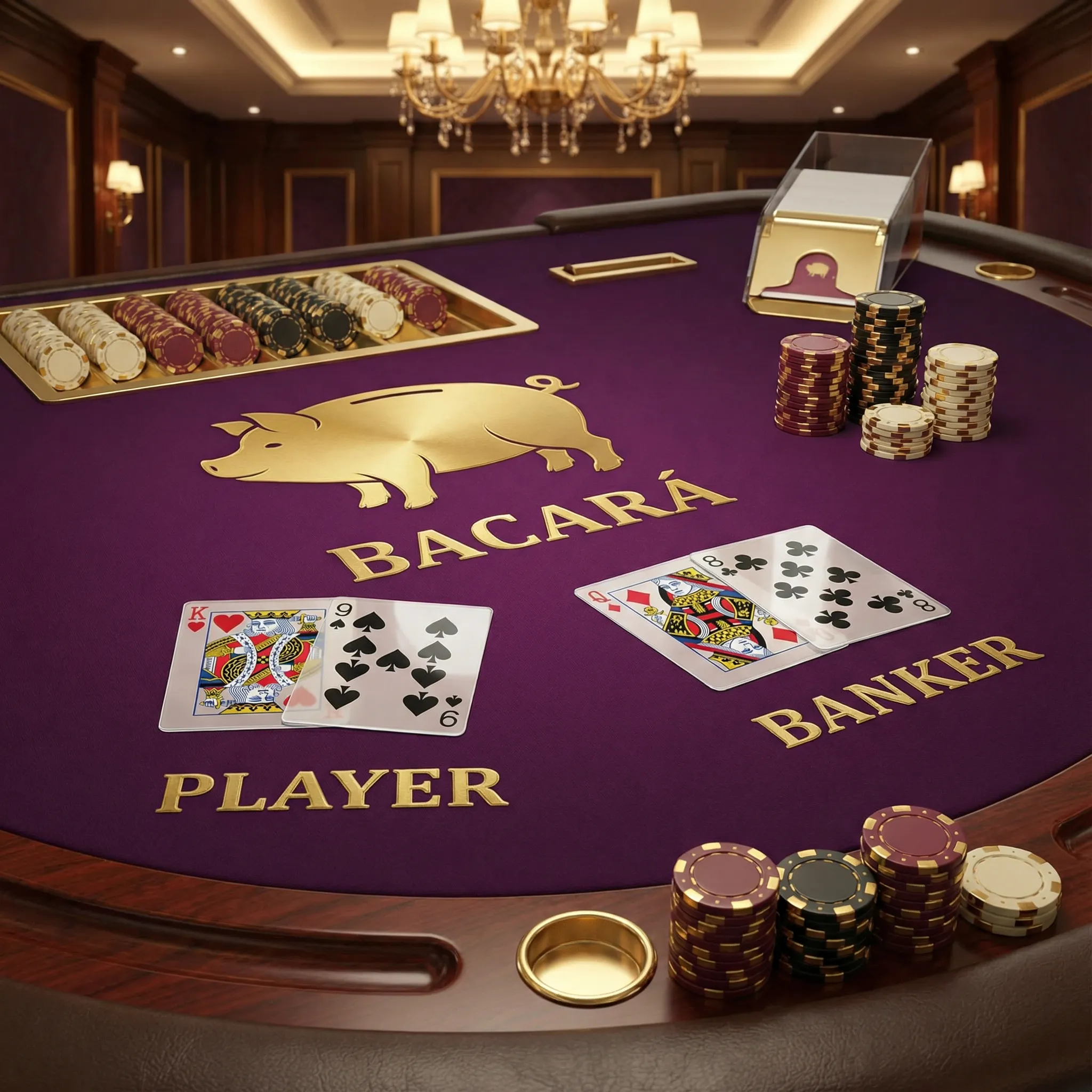 Mesa de bacará con cartas elegantes y fichas premium