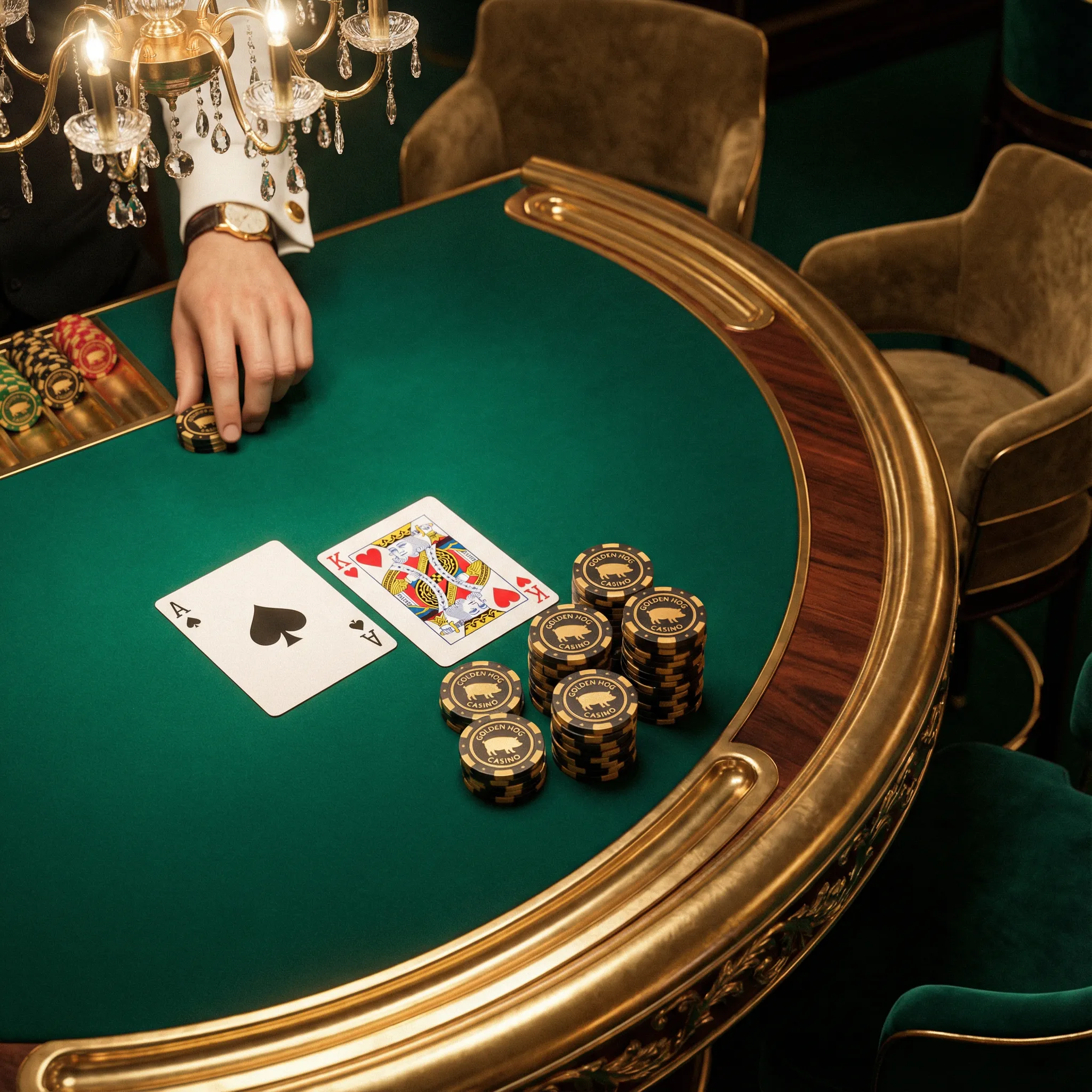 Mesa de blackjack con cartas y fichas doradas