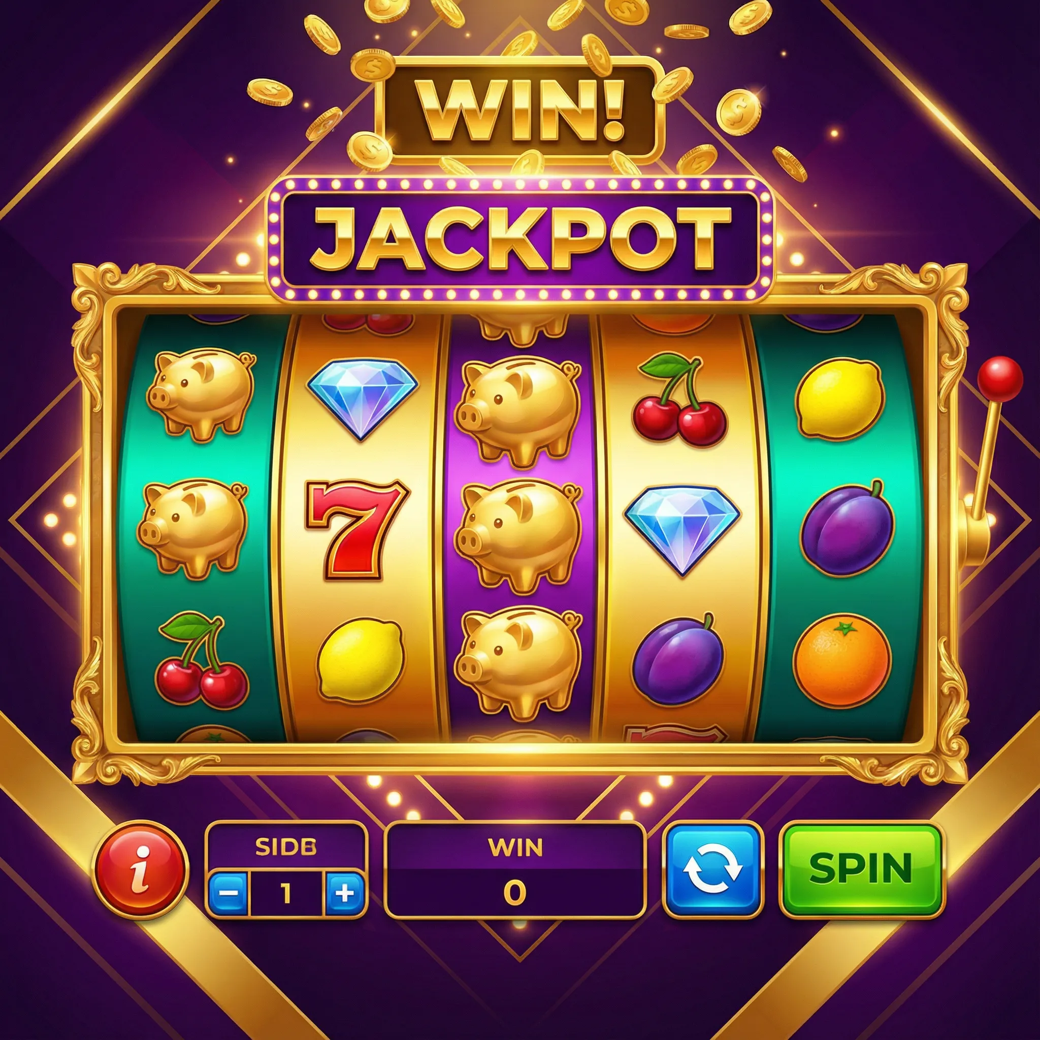 Máquina tragamonedas con símbolos de cerdo dorado y jackpot