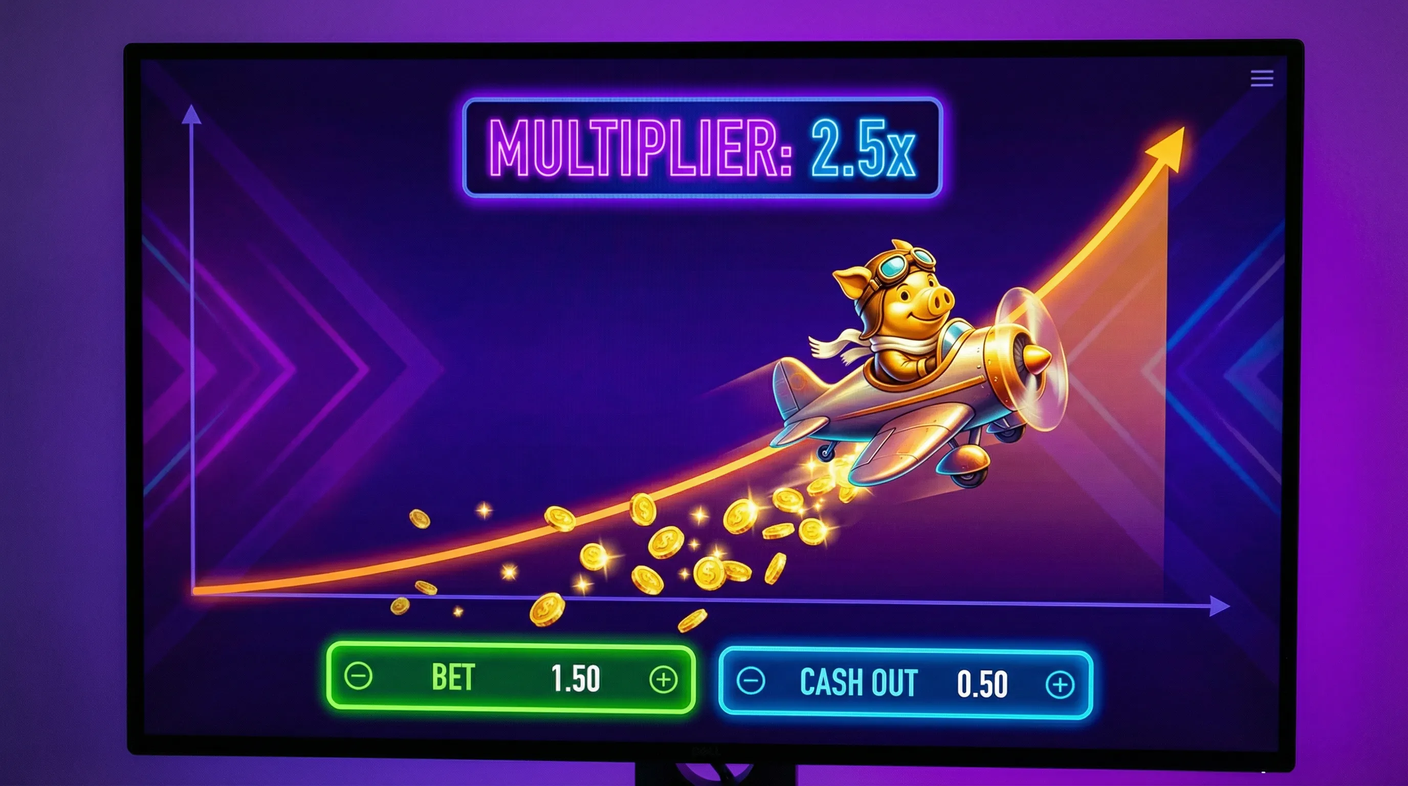 Juego Aviator con cerdo piloto volando y multiplicador creciente