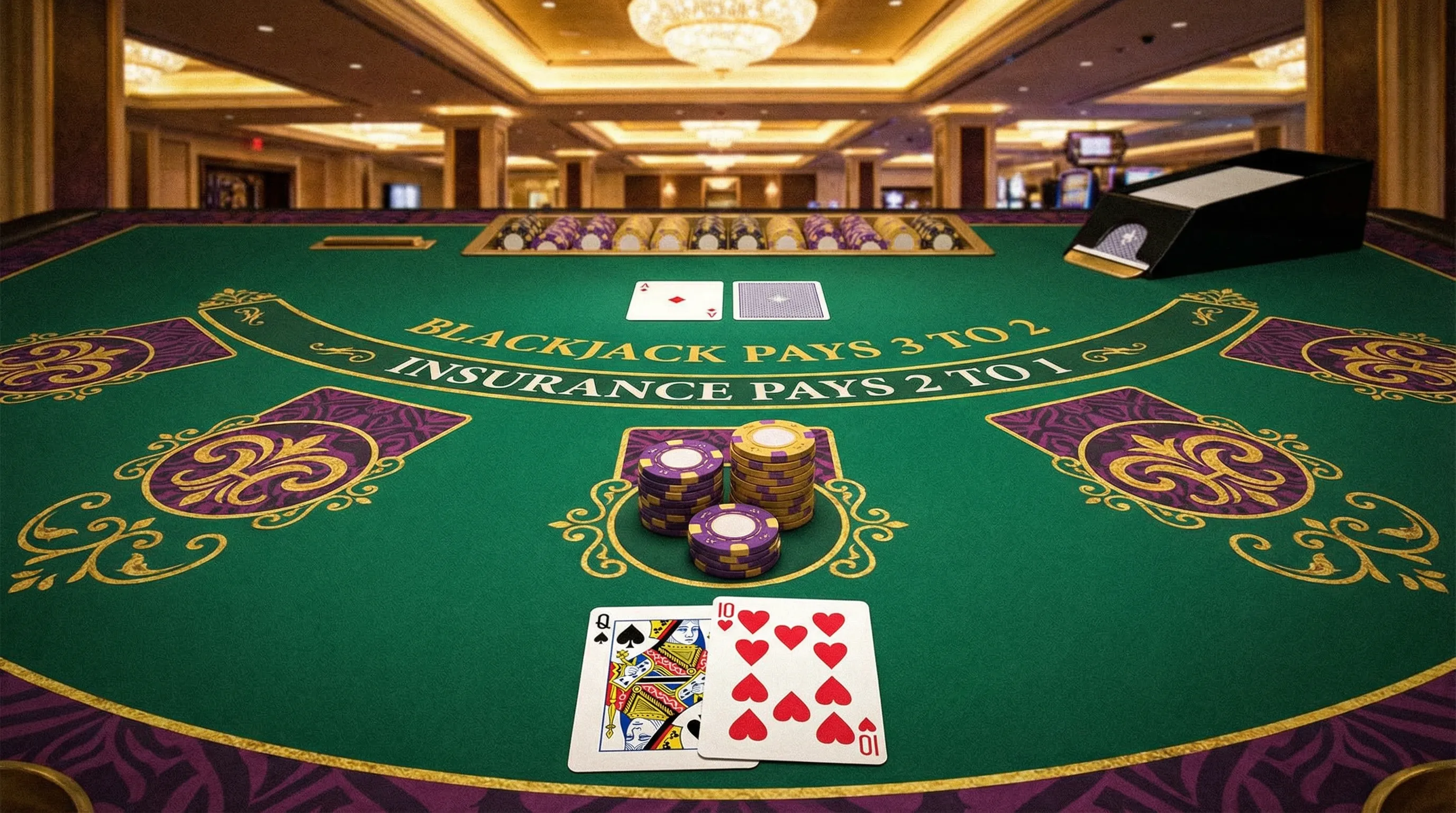 Mesa de blackjack profesional con cartas y fichas doradas