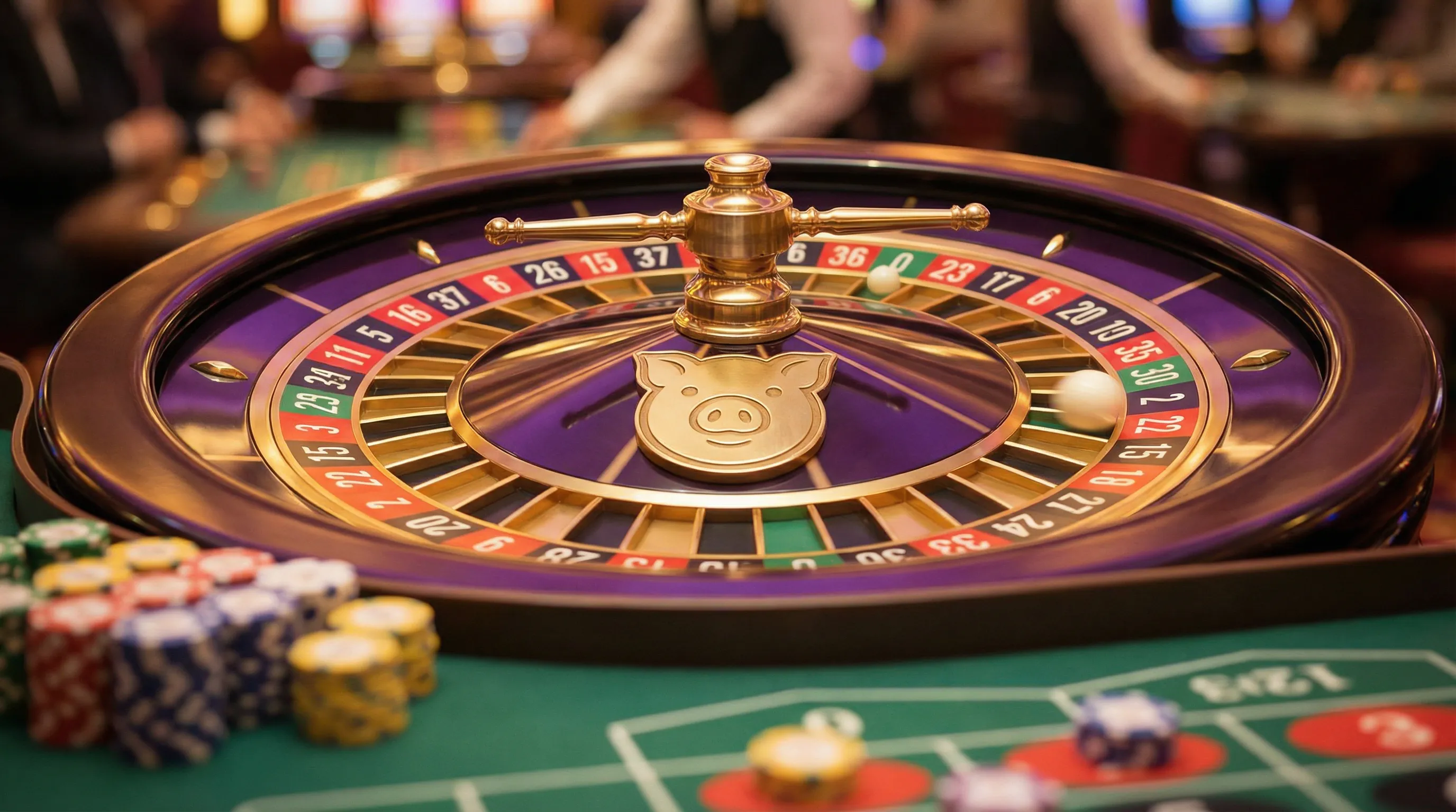 Ruleta de casino con cerdo dorado girando