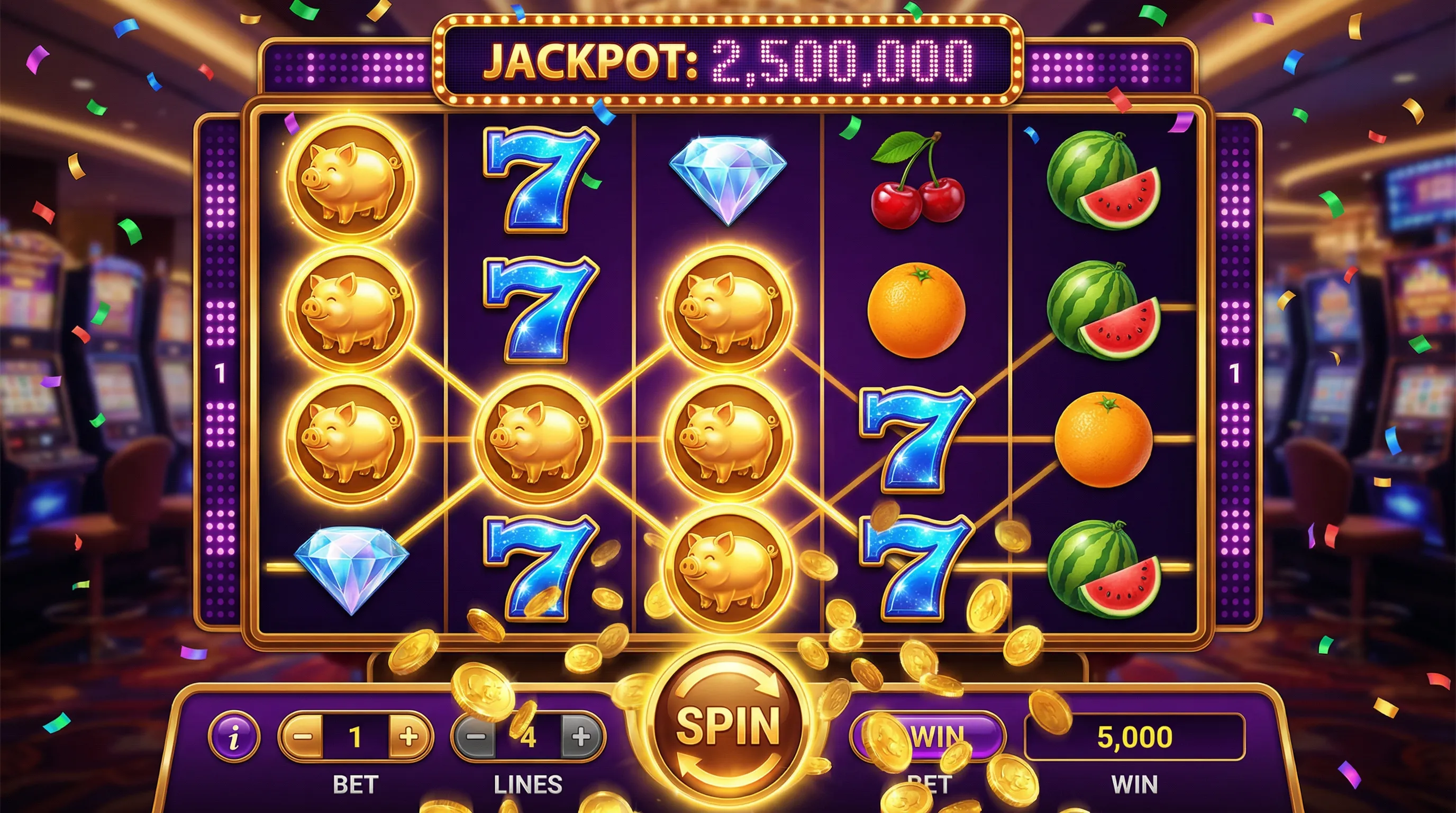 Juego de tragamonedas con símbolos de cerdo dorado girando en los rodillos
